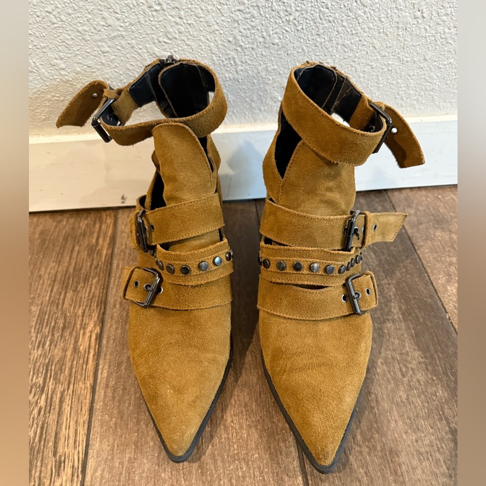 Zara Tan Suede Pointed Ankle Booties with Buckles